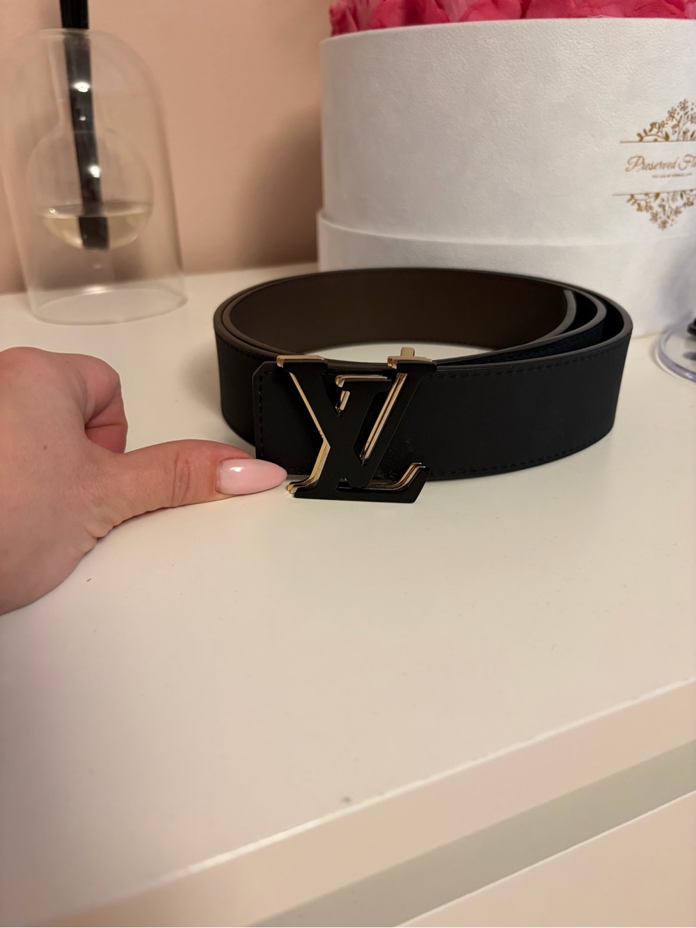 Louis Vuitton Black Leather Belt with Gold LV Initial Buckle